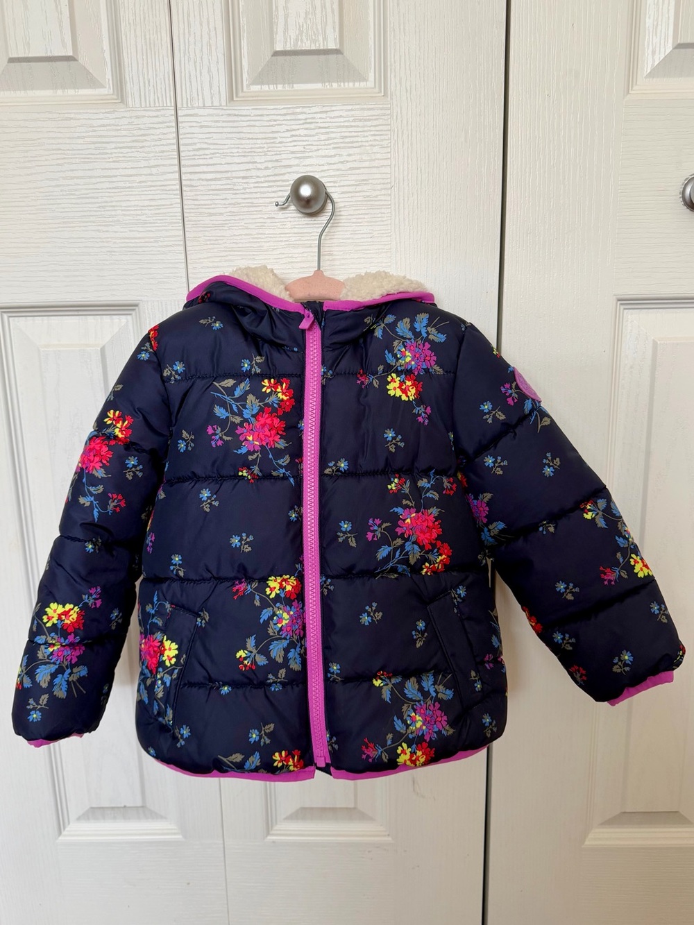 GAP Navy Floral Puffer Jacket with Pink Trim